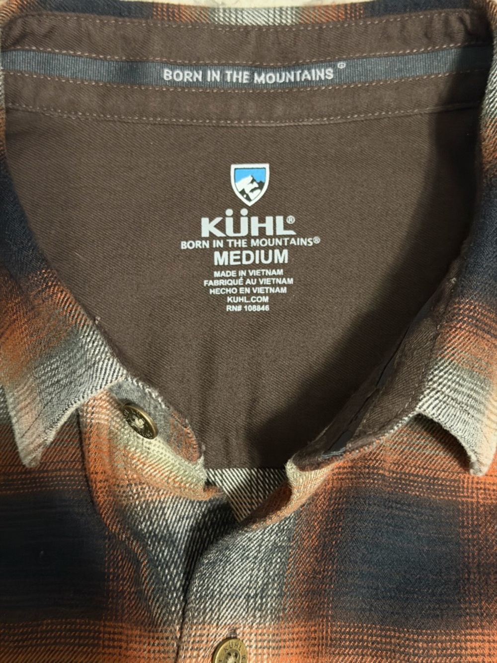 Kuhl Medium Brown, Orange & Black Plaid Flannel Shirt - Picture 3 of 13